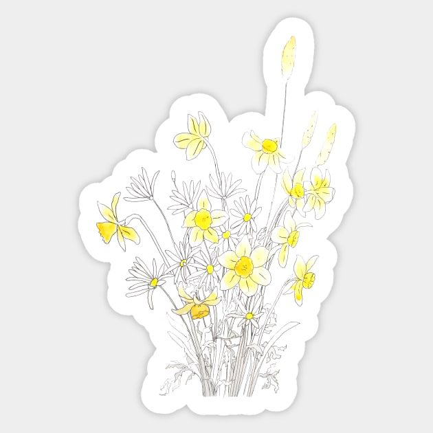 white daisy and yellow daffodils ink and watercolor Sticker by colorandcolor